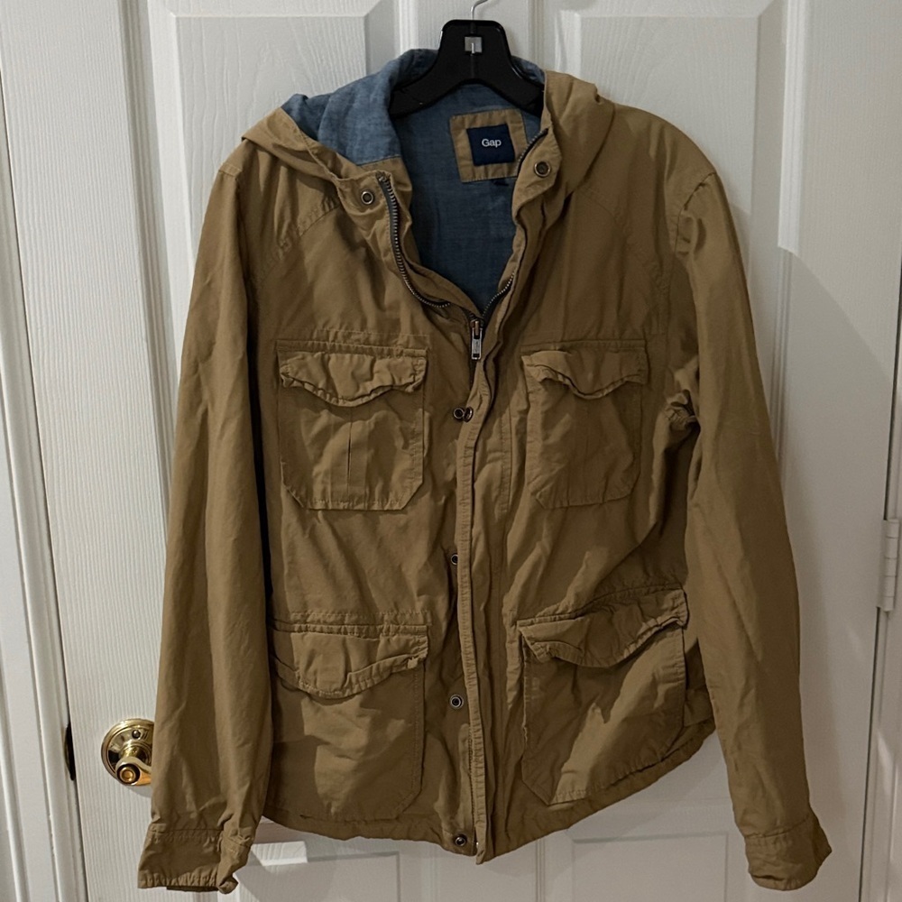 GAP Khaki Hooded Field Jacket denim interior size small
